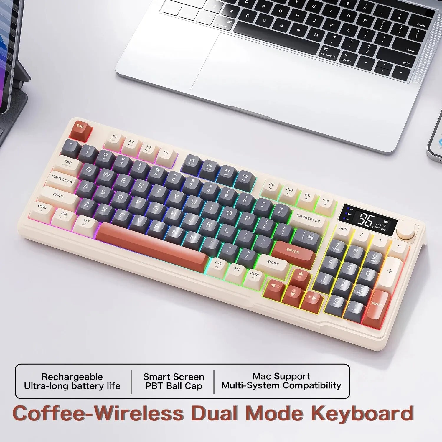 FreeWolf M96 Wireless Keyboard with Screen,Gaming Keyboard Bluetooth Dual-Mode Connection