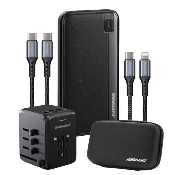 RockRoseTravel KIT PD Power Bank + Fast Charger + 2 Cables Lightning & USB-C - Black